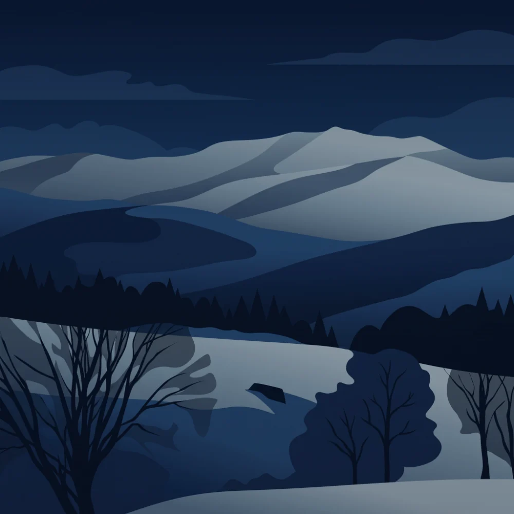 Glass Slopes album cover: a snowy highland landscape at dusk, solo piano by Sophie Kazandjian