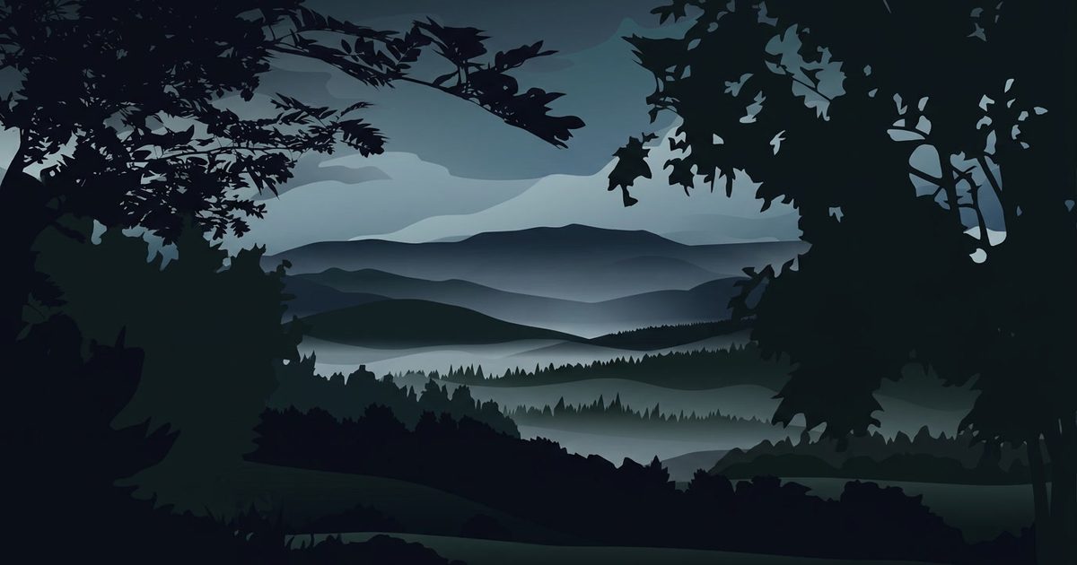 Layered misty hills at dusk in the eastern Cairngorms, framed by dark trees, the country behind Sophie Kazandjian's piano.