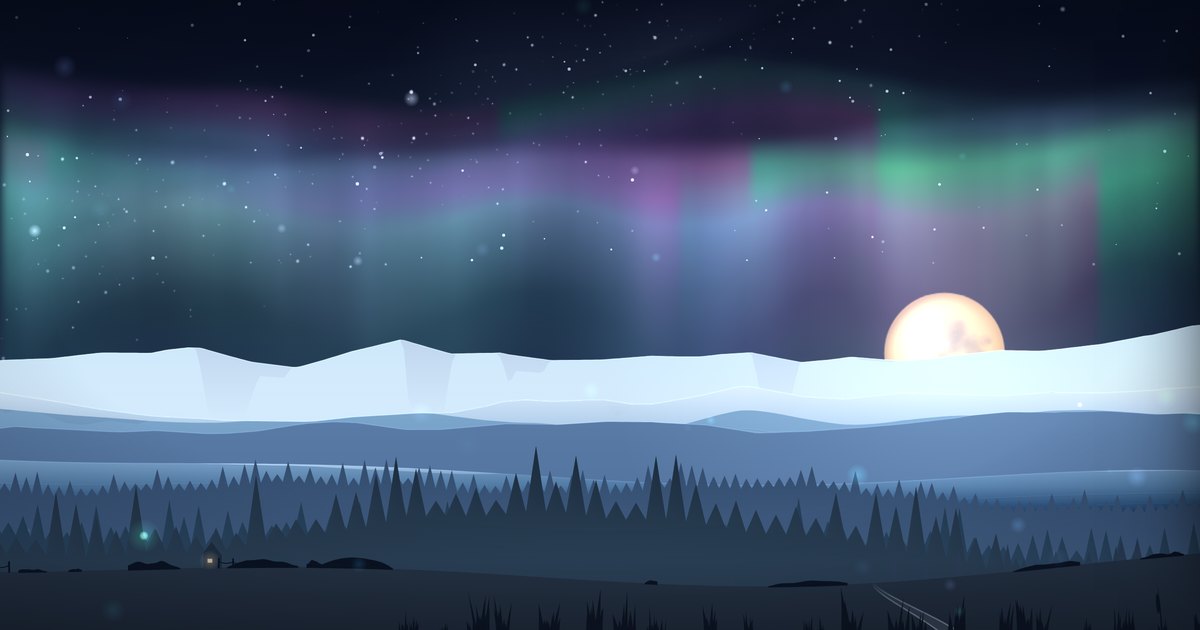 A still from Sophie Kazandjian's night-sky music visualiser: the aurora over snowy Cairngorm peaks, a rising moon and a lit cottage window in Royal Deeside.